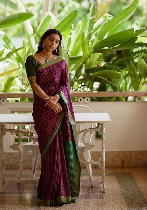Purple Embroidered Blended Saree Set