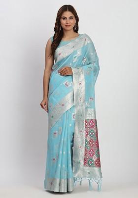 Turquoise Blue Embroidered Blended Saree Set