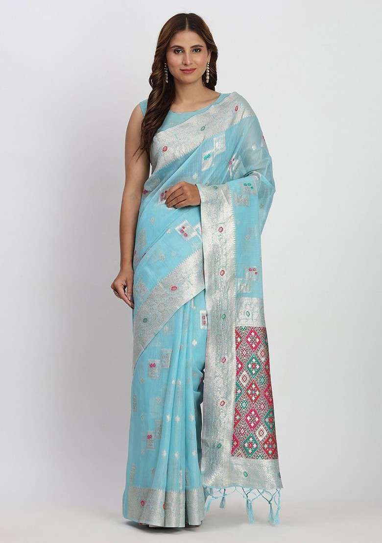 Turquoise Blue Embroidered Blended Saree Set - Indya