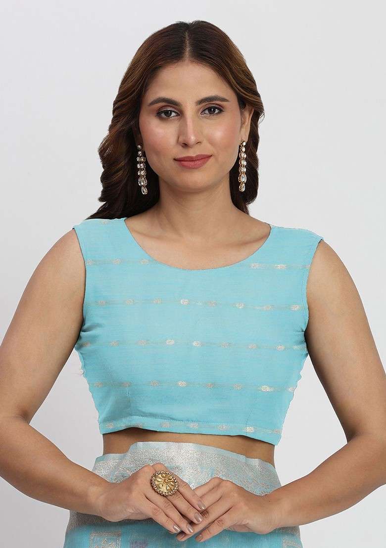 Turquoise Blue Embroidered Blended Saree Set - Indya
