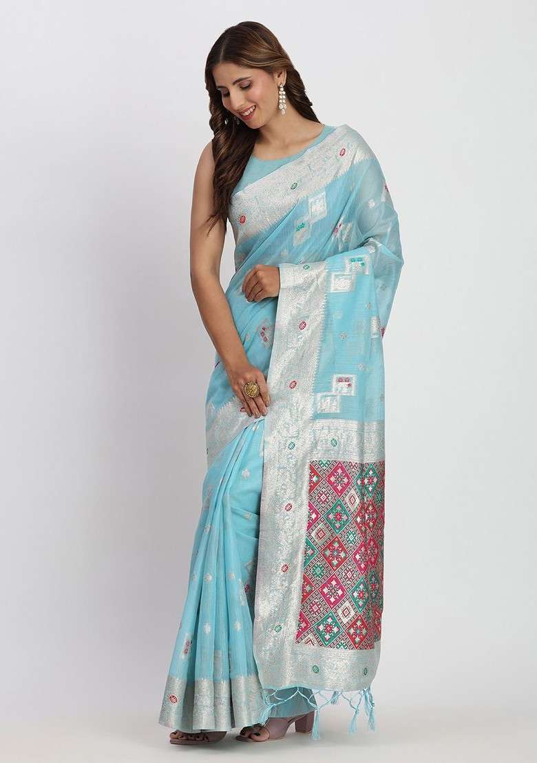 Turquoise Blue Embroidered Blended Saree Set - Indya