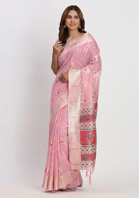Pink Embroidered Blended Saree Set