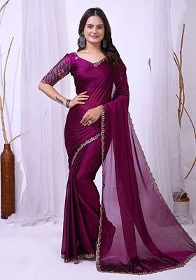 Purple Embellished Blended Saree Set