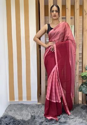 Pink Embroidered Blended Saree Set