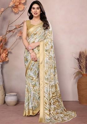 Cream Embroidered Blended Saree Set