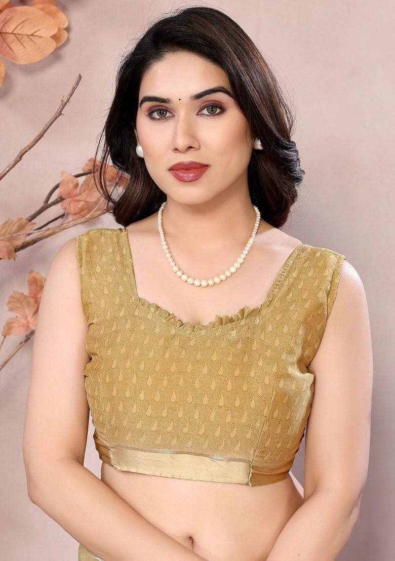 Cream Embroidered Blended Saree Set