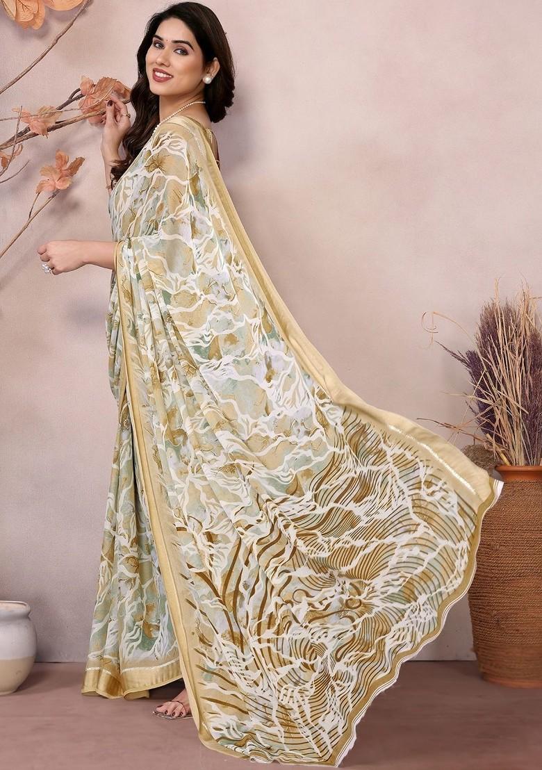 Cream Embroidered Blended Saree Set