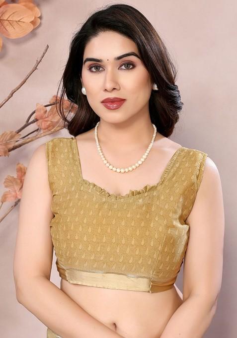 Cream Embroidered Blended Saree Set