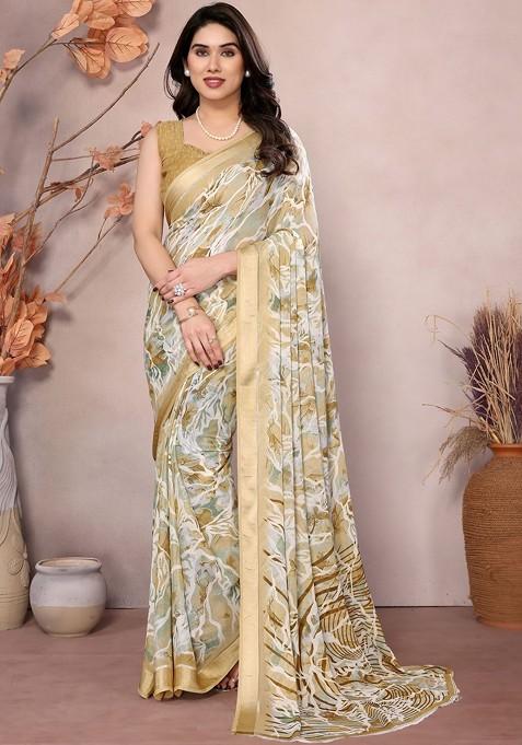 Cream Embroidered Blended Saree Set