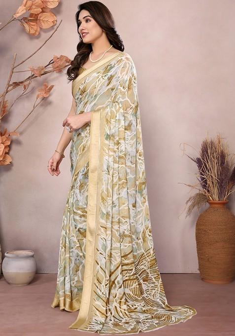 Cream Embroidered Blended Saree Set