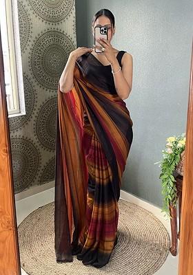 Orange Embroidered Blended Saree Set