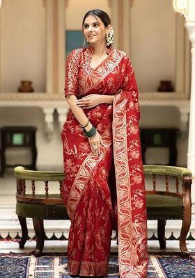 Red Embroidered Blended Saree Set