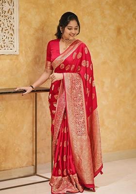 Red Jacquard Blended Saree Set