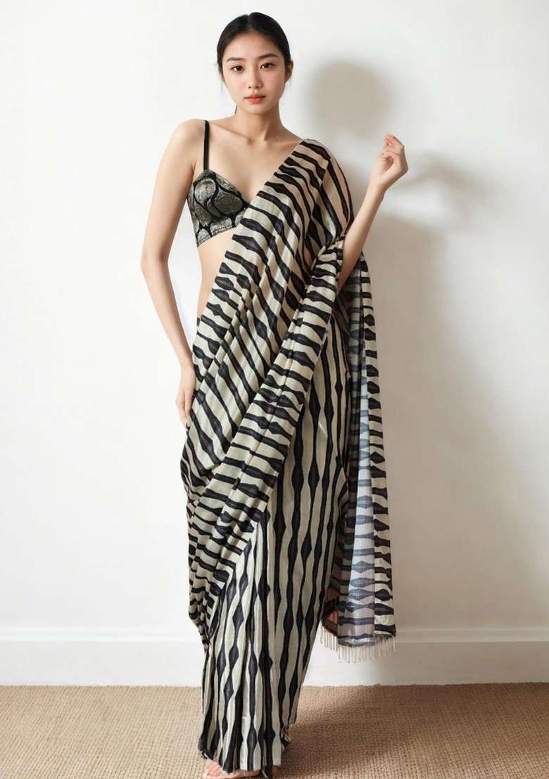 Cream Embroidered Blended Saree Set for Diwali and Festive Wear - Indya