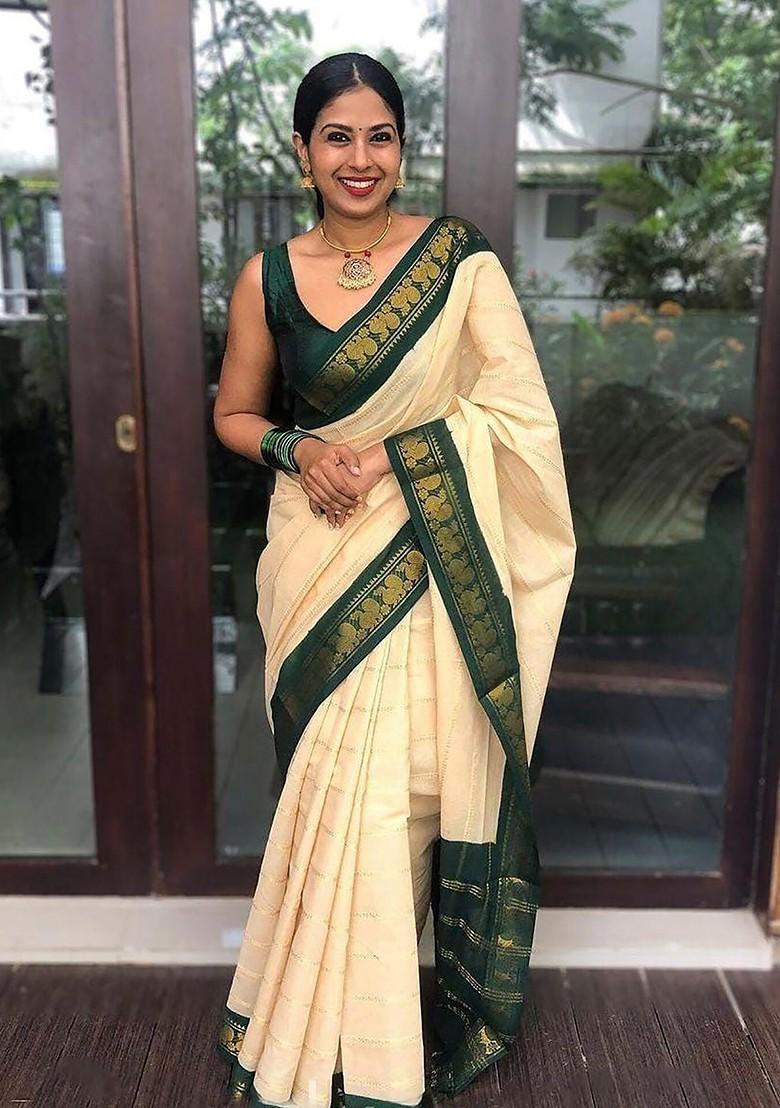 Cream Embroidered Blended Saree Set - Indya