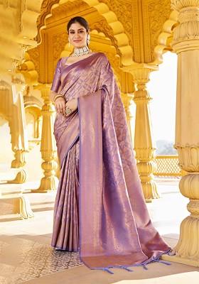 Purple Embroidered Blended Saree Set