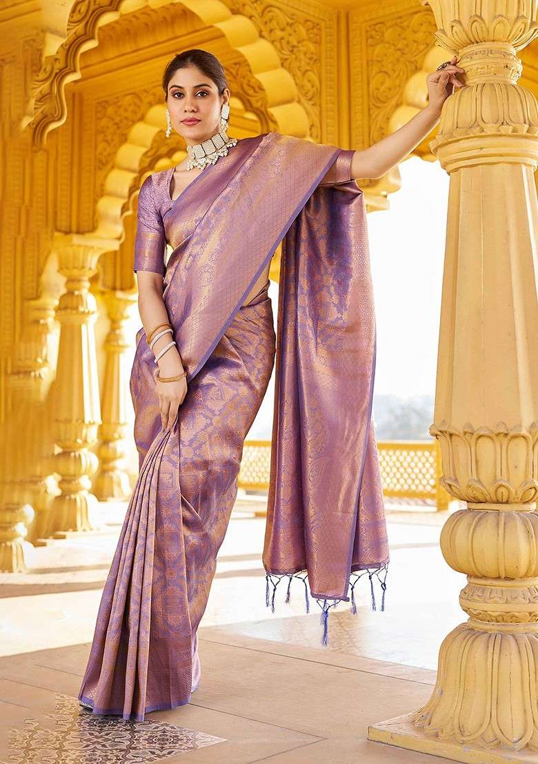 Purple Embroidered Blended Saree Set for Diwali and Festive Wear - Indya