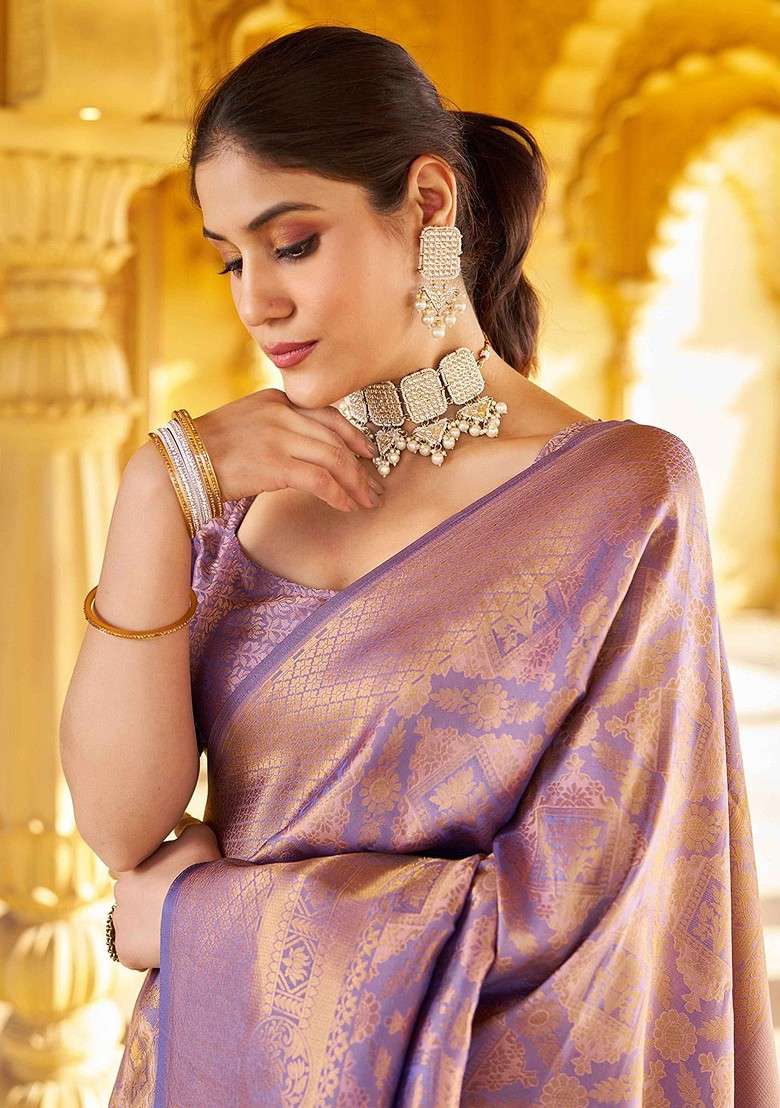 Purple Embroidered Blended Saree Set for Diwali and Festive Wear - Indya
