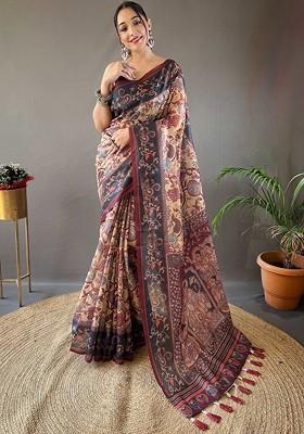 Beige Printed Blended Saree Set