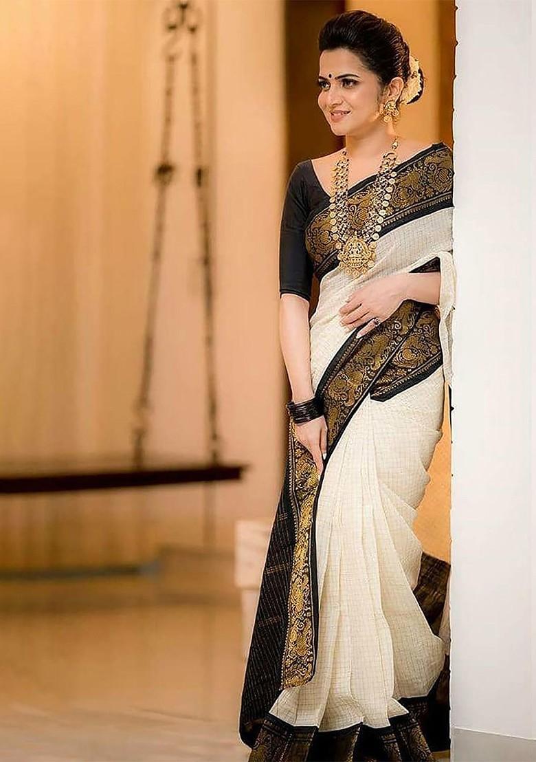 Cream Jacquard Blended Saree Set - Indya