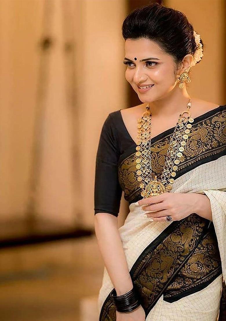 Cream Jacquard Blended Saree Set - Indya