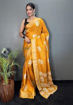 Yellow Embroidered Blended Saree Set