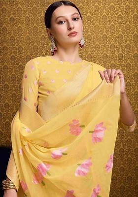 Yellow Embroidered Blended Saree Set