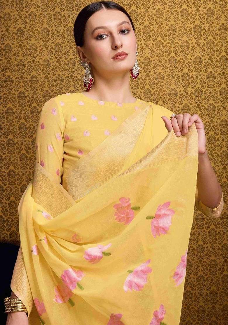 Yellow Blended Saree Set with Embroidered for Diwali | Wedding & Festive Wear - Indya