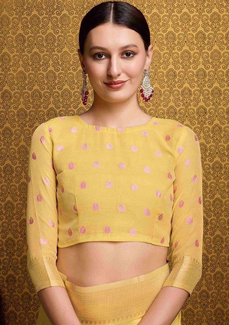 Yellow Blended Saree Set with Embroidered for Diwali | Wedding & Festive Wear - Indya