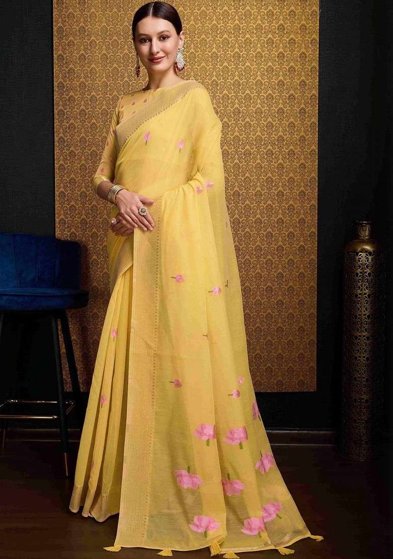 Yellow Blended Saree Set with Embroidered for Diwali | Wedding & Festive Wear - Indya