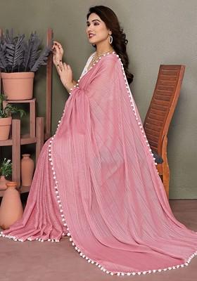 Pink Embroidered Blended Saree Set