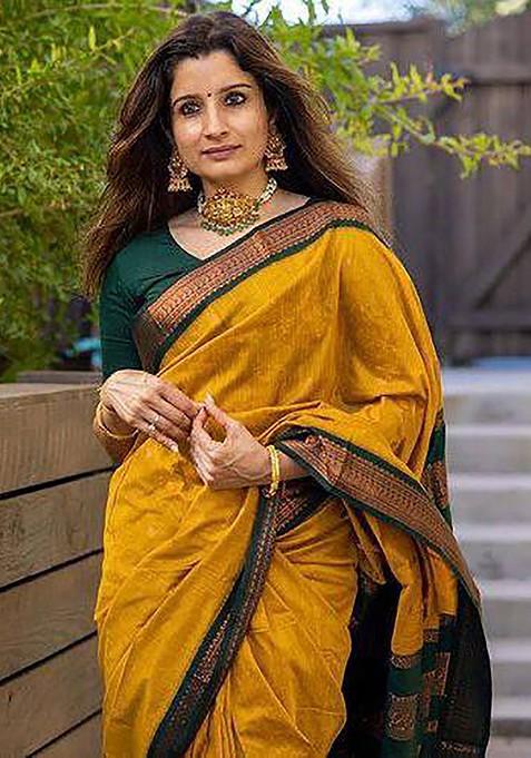 Yellow Embroidered Blended Saree Set