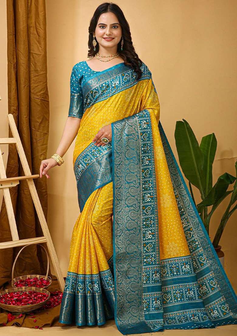 Yellow Jacquard Blended Saree Set - Indya