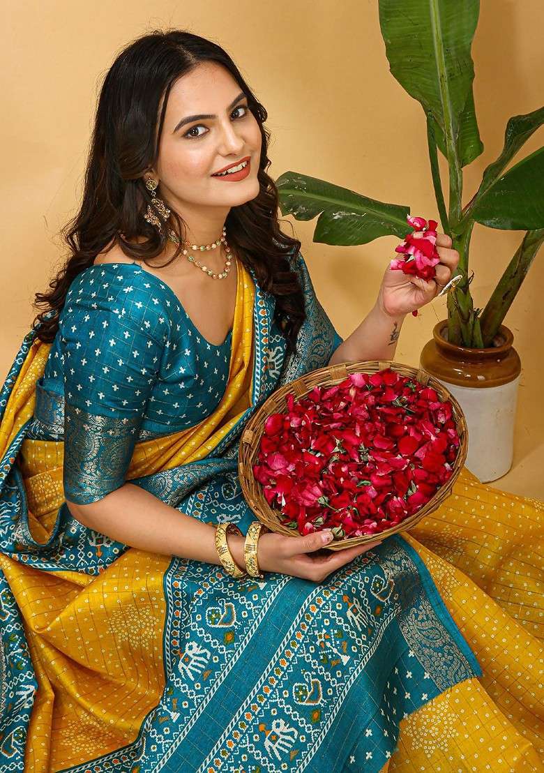 Yellow Jacquard Blended Saree Set - Indya