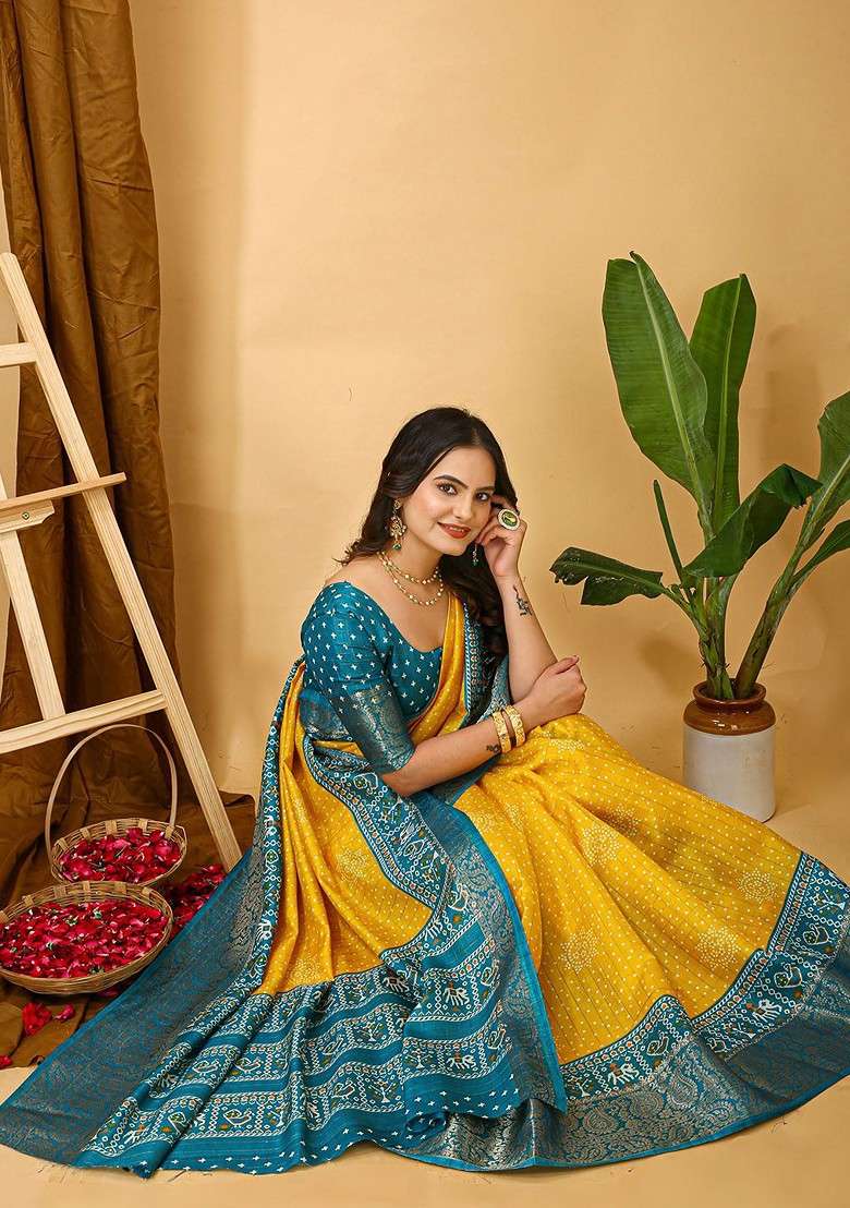 Yellow Jacquard Blended Saree Set - Indya