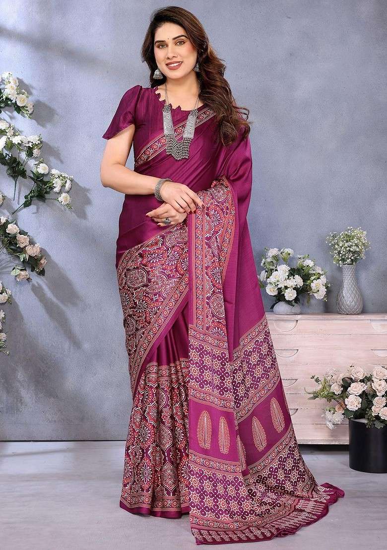 Magenta Printed Blended Saree Set - Indya