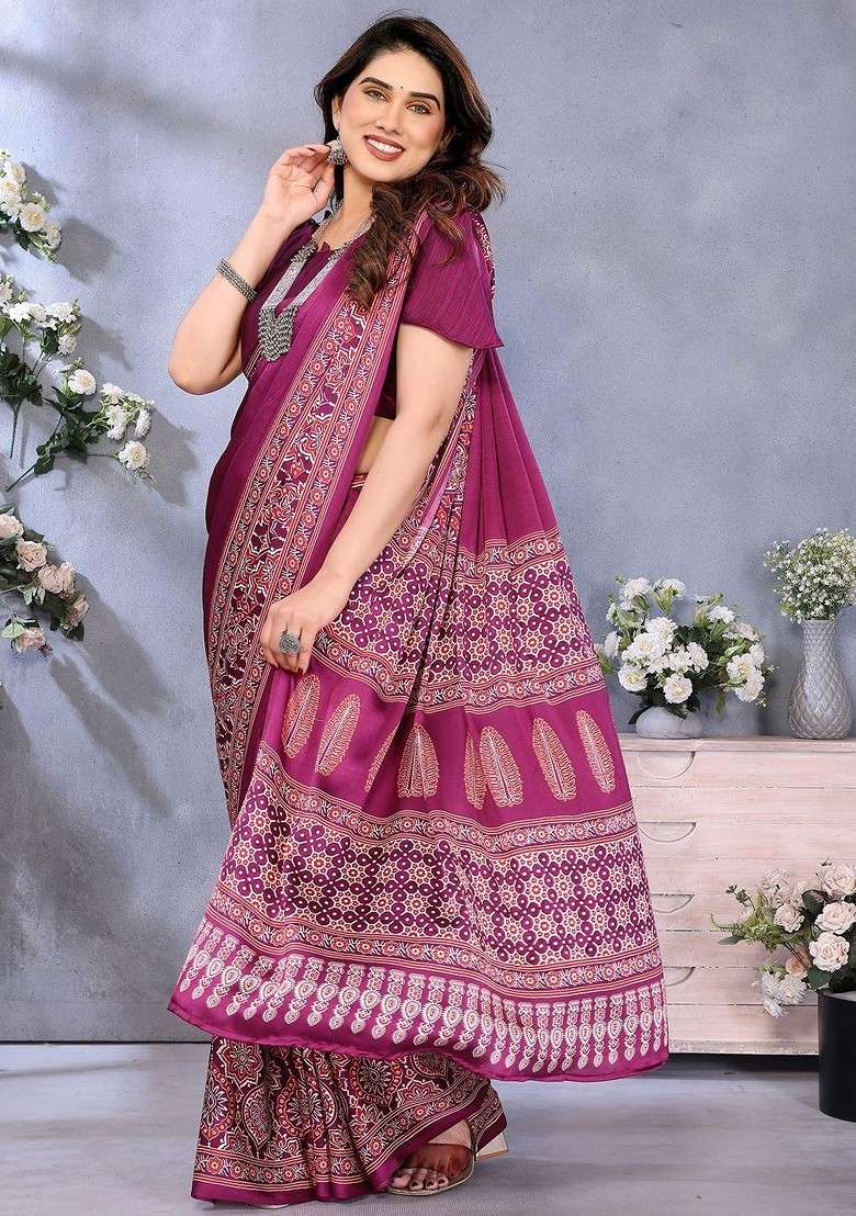 Magenta Printed Blended Saree Set - Indya