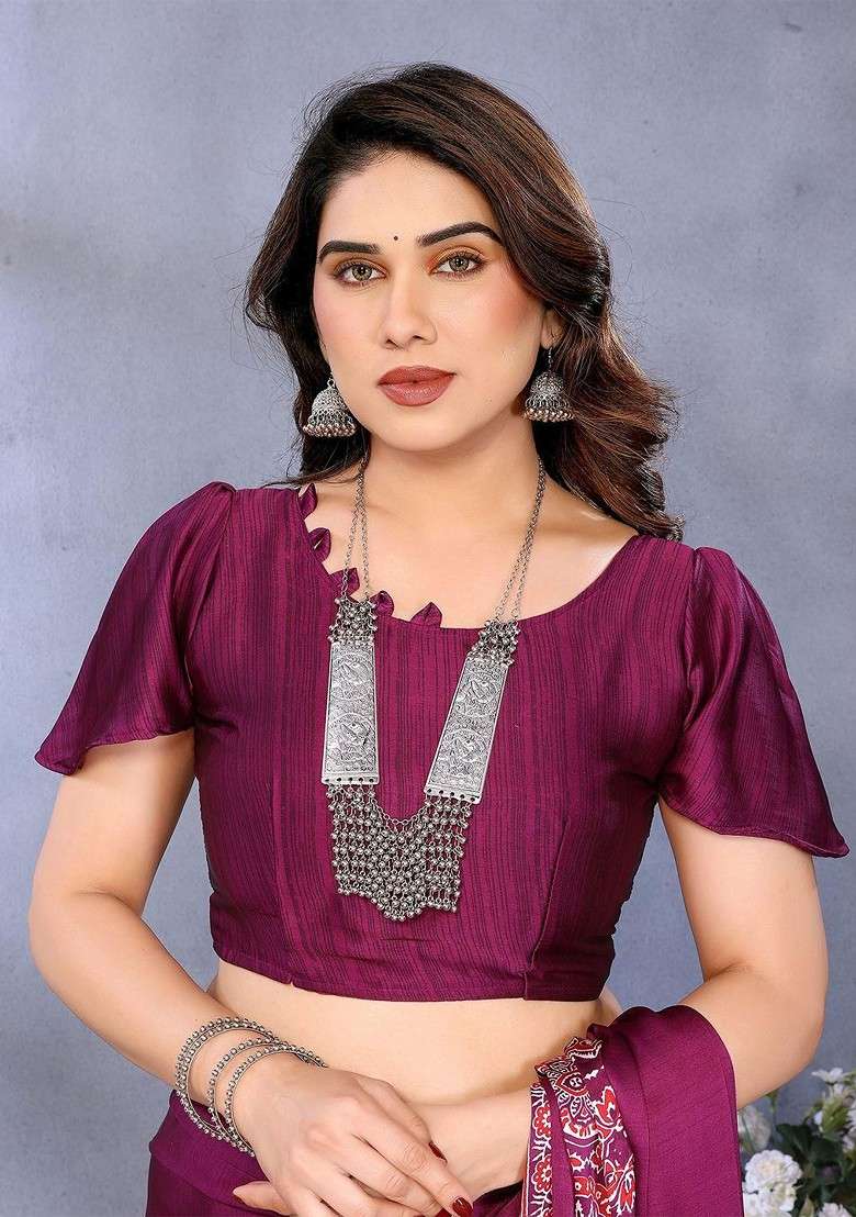 Magenta Printed Blended Saree Set - Indya