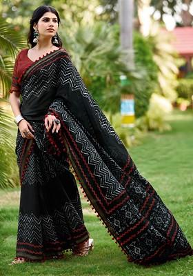 Black Printed Blended Saree Set