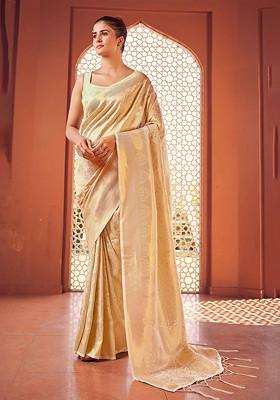 White Embroidered Blended Saree Set