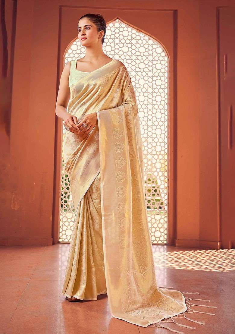White Blended Saree Set with Embroidered for Diwali | Wedding & Festive Wear - Indya