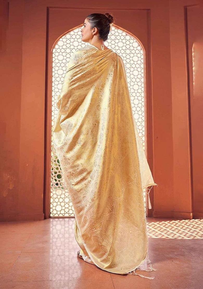 White Blended Saree Set with Embroidered for Diwali | Wedding & Festive Wear - Indya