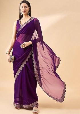 Purple Embroidered Blended Saree Set