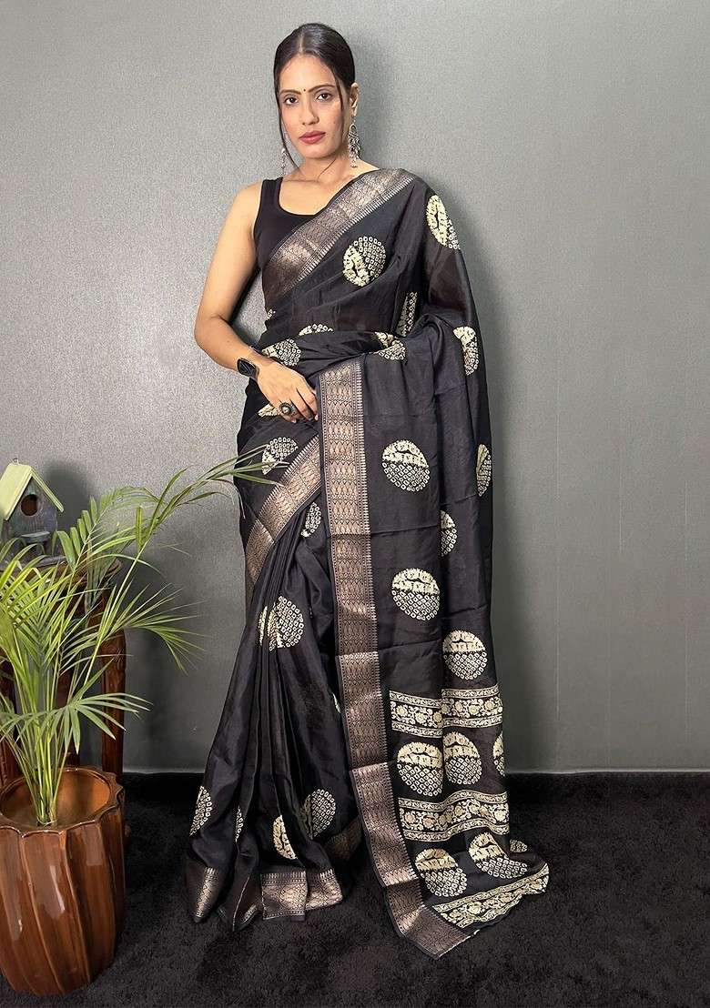 Black Embroidered Blended Saree Set - Indya