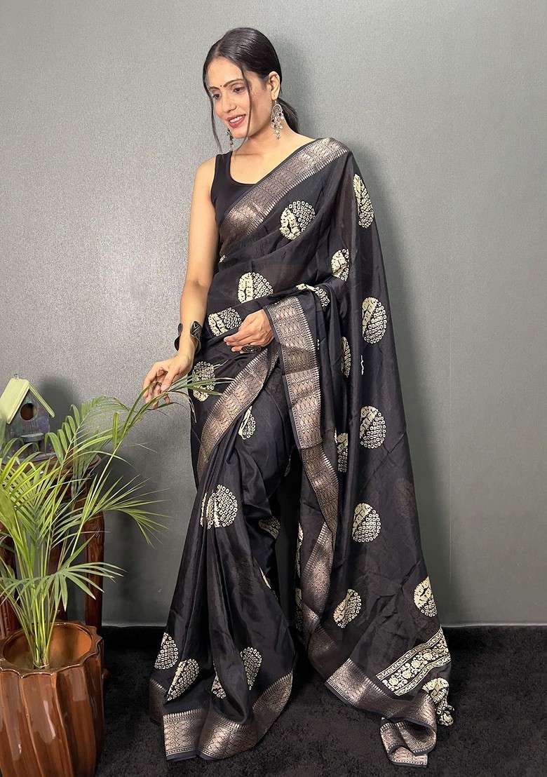 Black Embroidered Blended Saree Set - Indya