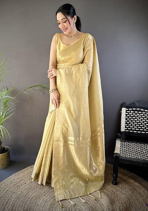 Beige Embroidered Blended Saree Set