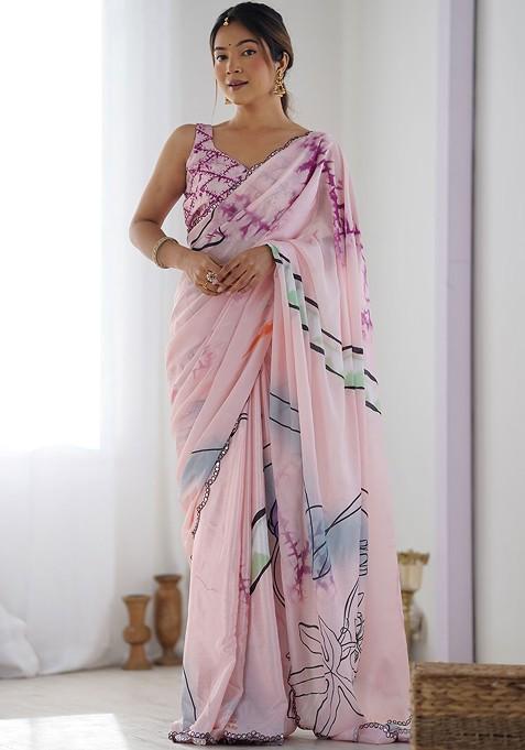 Pink Embroidered Blended Saree Set