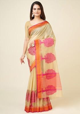 Cream Embroidered Blended Saree Set