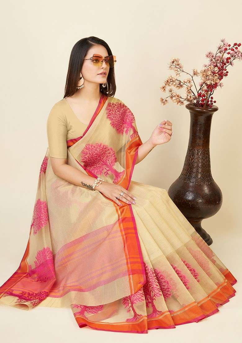 Cream Blended Saree Set with Embroidered for Diwali | Wedding & Festive Wear - Indya