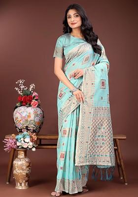 Turquoise Blue Embroidered Blended Saree Set